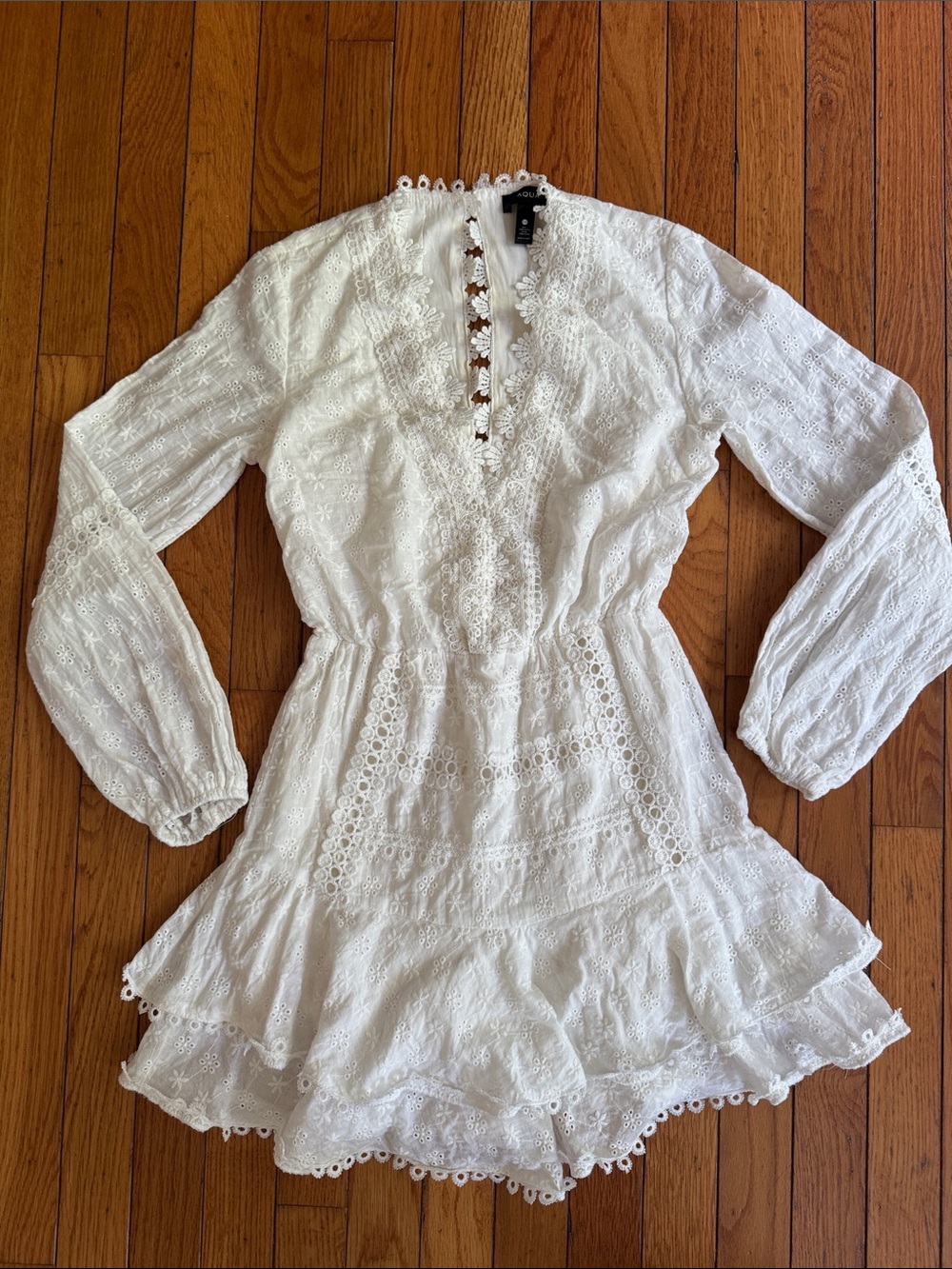 Aqua White Long-Sleeve Lace Mini Dress